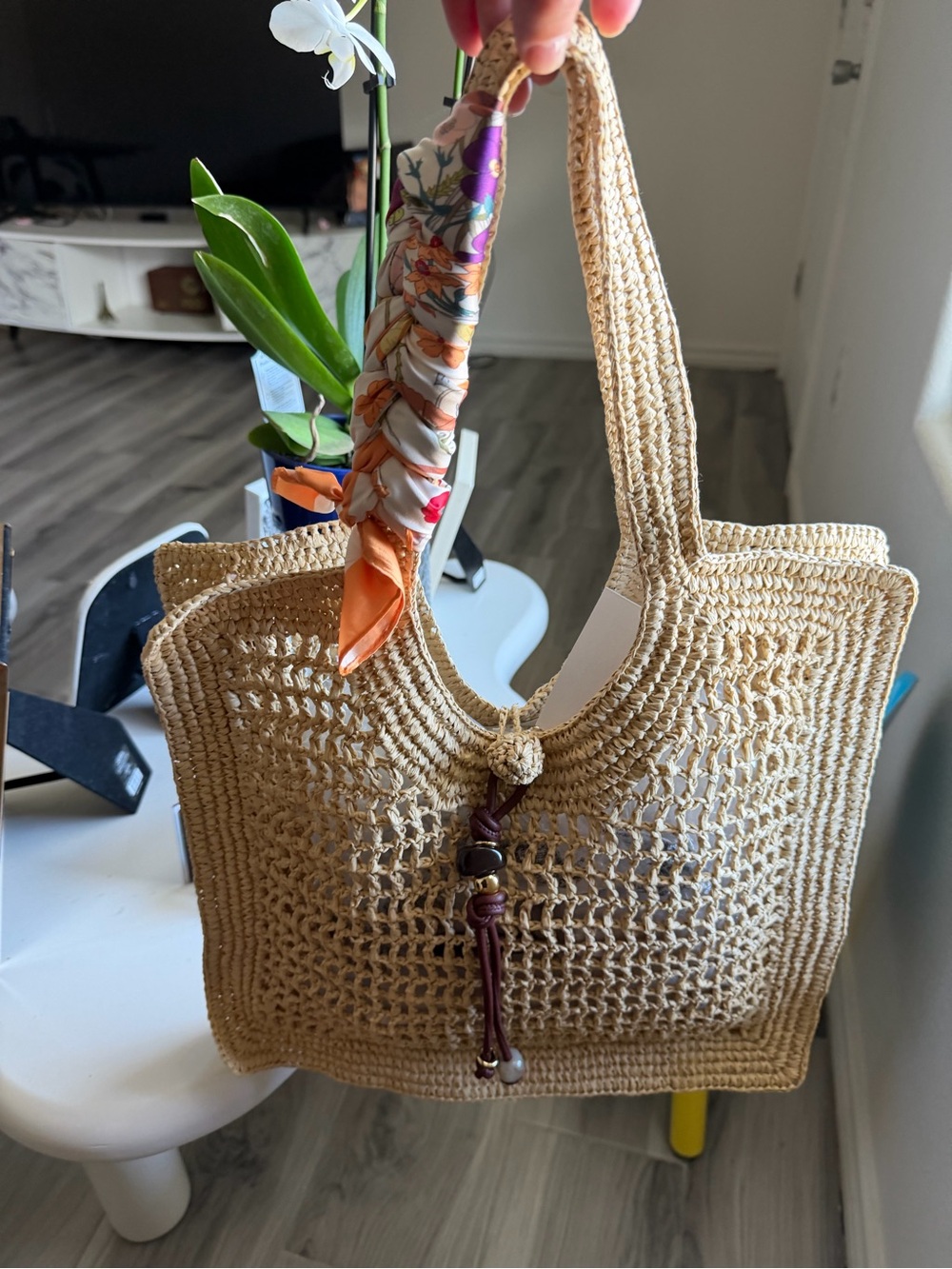 H&M Natural Woven Straw Tote with Colorful Scarf Accent